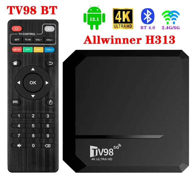 TV98 BT TV Box 2G+16G Allwinner H313 Android 12.1 Smart TV Box 2.4G+5G WIFI+BT 4.0 4Kx2k TV98 Media Player