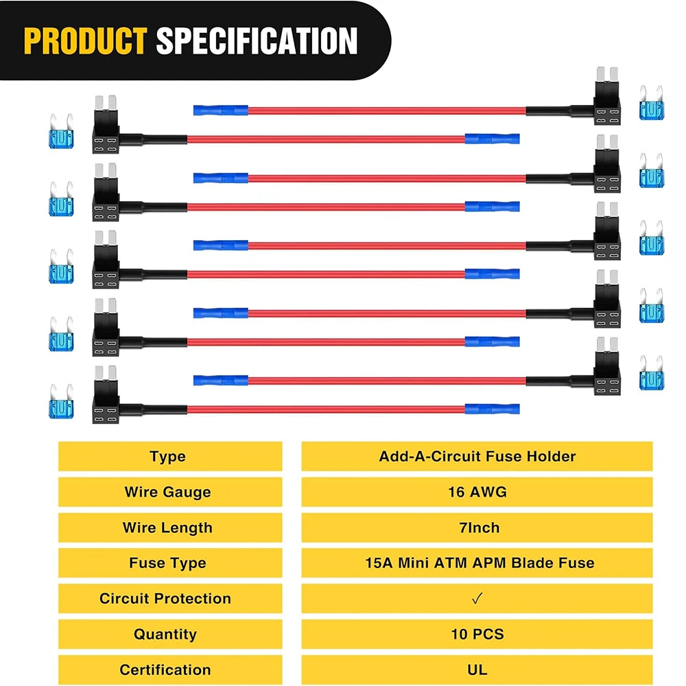 10er-Pack 12V Sicherungsadapter-Set, Sicherungshalter Add-a-Circuit Sicherungsadapter Mini ATM APM Flachsicherungshalter mit 15A Mini-Sicherung – Detail 3