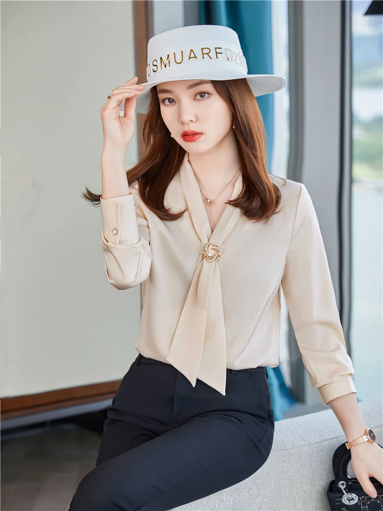 Women Single Breasted ButtonMonochromatic V Collar Top Elegant Khaki Blouse Office Wear Lady Work Wear Spring Autumn