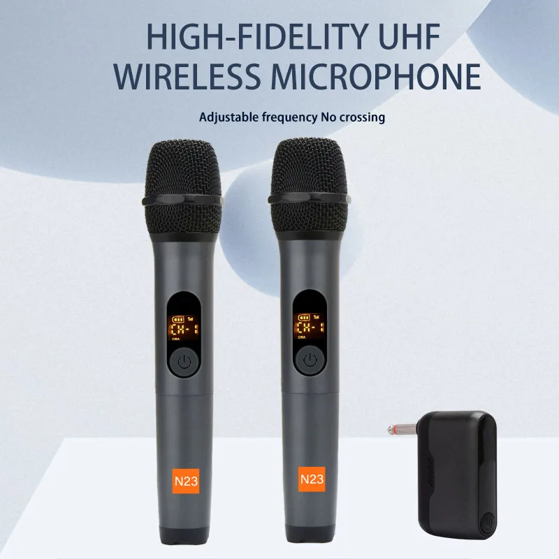 

UHF wireless microphone with dual channel receiver wireless dual microphone system, black lightweight portable microphone