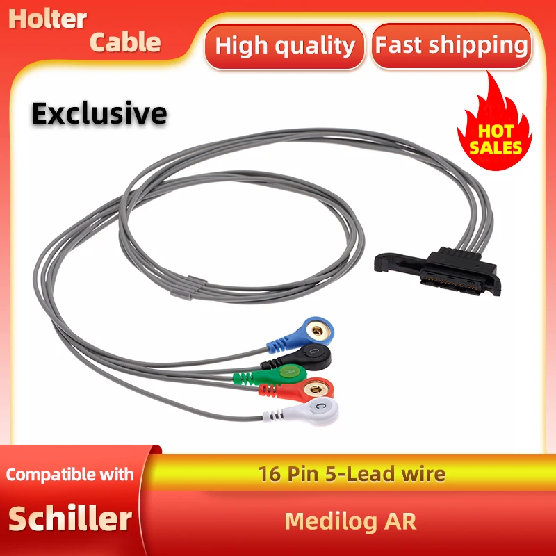 HL003S5-E Compatible With Schiller Medilog AR ECG Holter 5 Lead Wire 16 Pogo Pin Connector 4.0 Snap Button