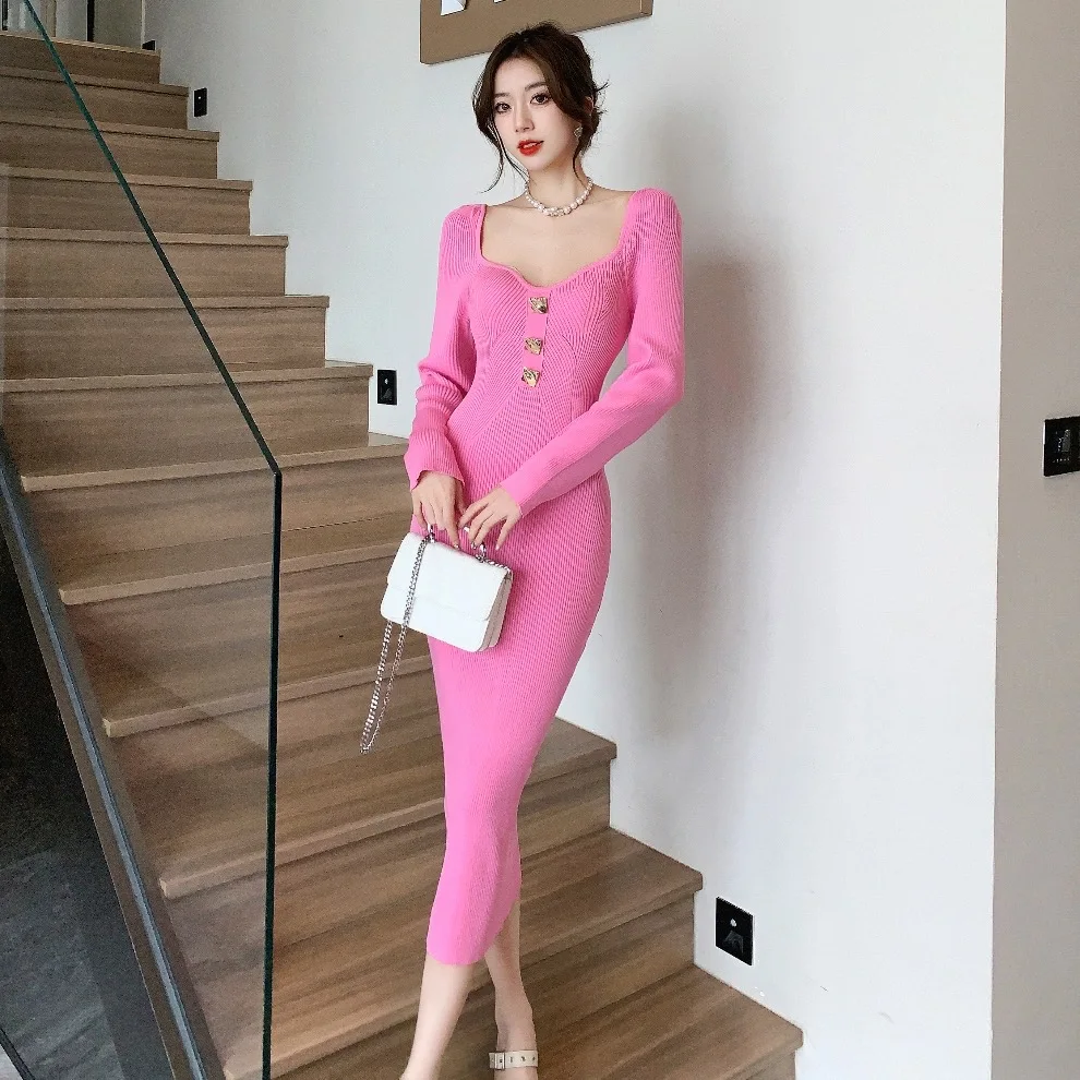 Pinkoz women knitt square collar buttons midi long dresses elegant slimy fuchsia long sleeve work clothing party night vestidos