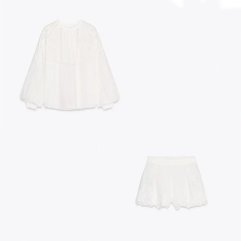 

LIBIELIY Women's Fashion Vertical Lace Embroidered Shirt Pleated Shorts Temperament Summer New Shirt