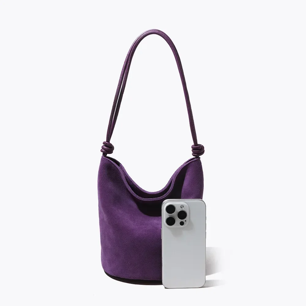 Casual Design Nubuck Leather Women Drawstring Shoulder Crossbody Bucket Bag Genuine Leather Vintage Female Handle Bag Purse