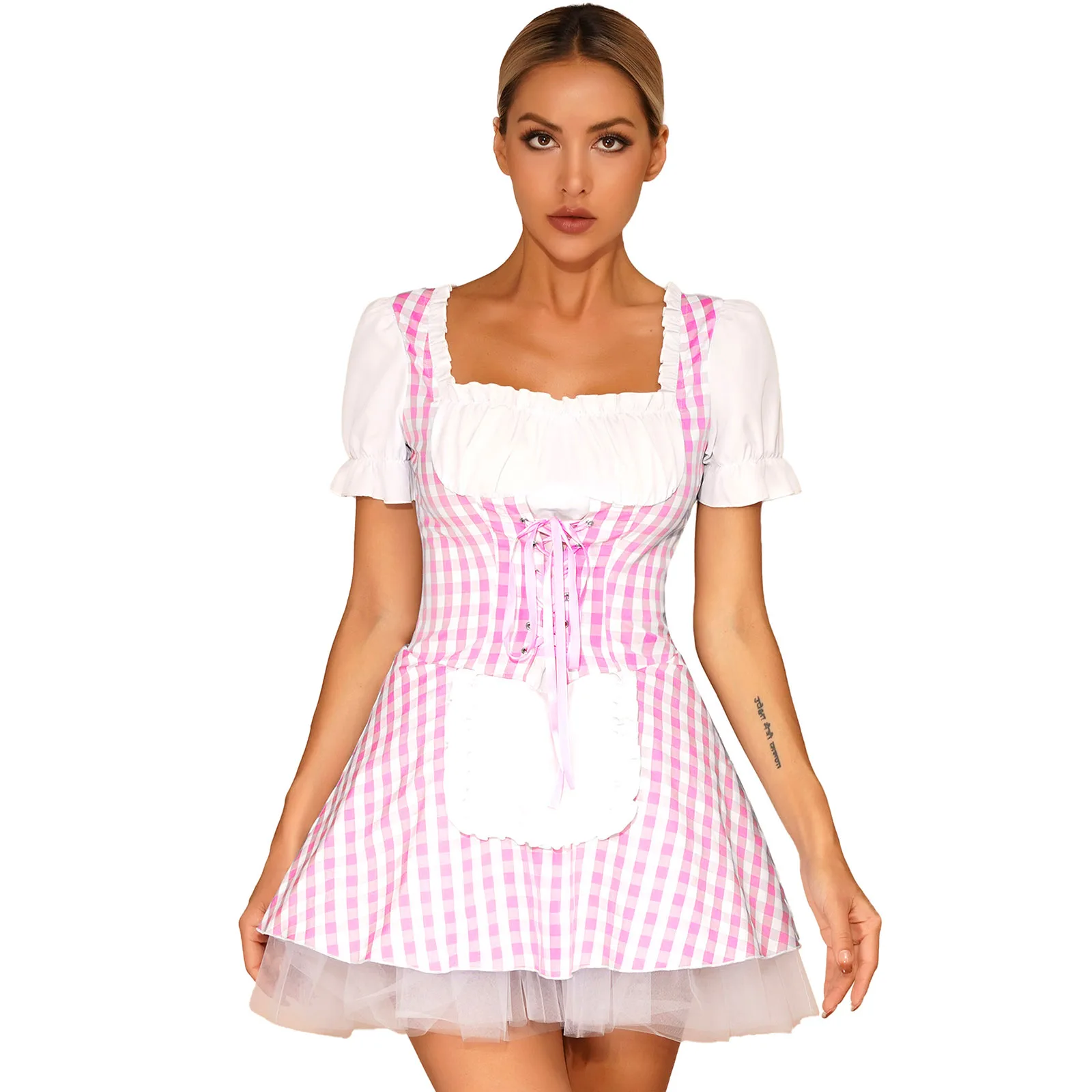 Women Maid Cosplay Costume Miss Muffet Role Play Clothes Lace-Up Ruffle Apron Plaid Dresses for Halloween Theme Party Masquerade