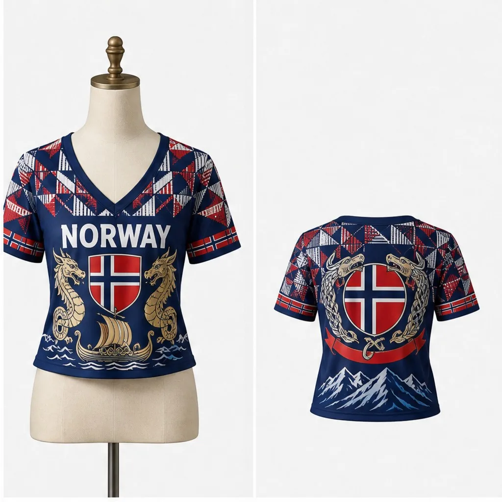 Womens V Neck Cropped Tee Norway Royal Viking Crest Print Short Sleeve Summer Casual Tops With Mountain Back Nordic Travel Shirt