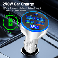 250W LED Car Charger 5 Ports Fast Charge PD+QC3.0 USB C Car Phone Charger Type C Adapter in Car For iphone Samsung Huawei Xiaomi