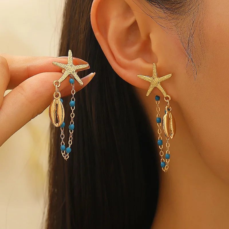 Fashionable Summer Beach Party Starfish Turtle Chain Earrings, Women's Vacation Beach Style Bohemian Jewelry Women's Earrings