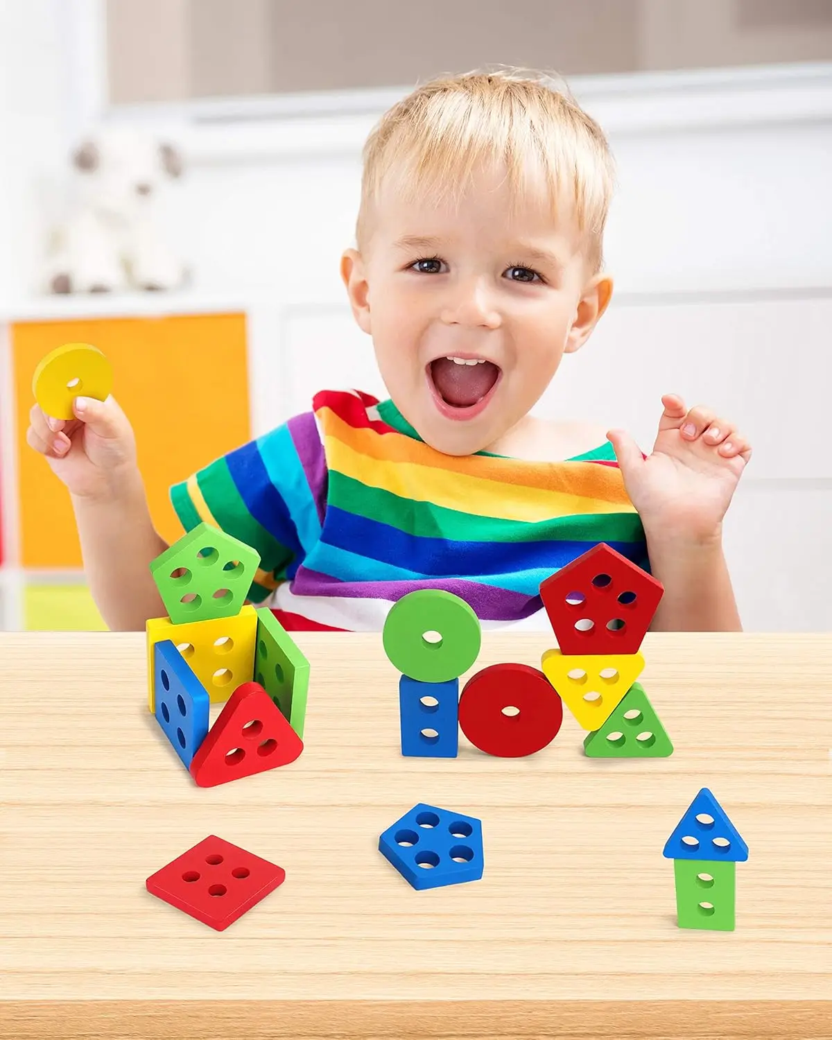 Wooden Sorting Stacking Montessori Toys, Shape Color Recognition Blocks Matching Puzzle Stacker Geometric Board Early Educationa