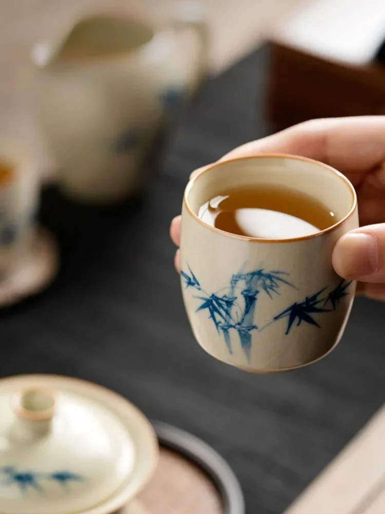 

95ML Traditional Beige Ru Kiln Pure Hand-Drawn Bamboo Personal Tea Cup High-end Exclusive Master Cup Ceramic Kung Fu Tea Set
