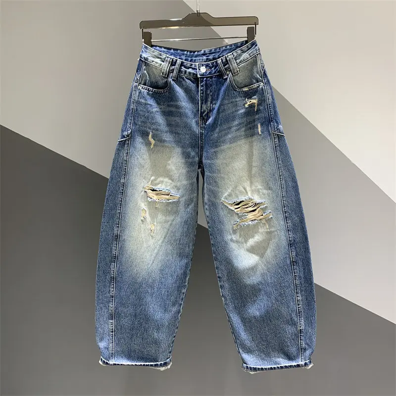 

2026 Spring New Washed Vintage Distressed Denim Wide-Leg Pants for Women, Versatile Loose Slimming Curved Hem Floor-Length Pants