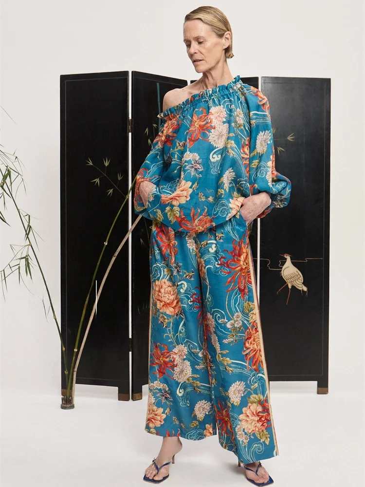 

Susan Australian Faion Long Sve Eastern Floral Print irt Комплект широких брюк синего цвета Женский костюм премиум-класса