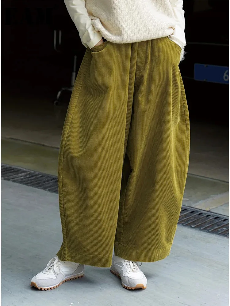 [EAM] High Elastic Waist Green Corduroy Wide Leg Pants New Loose Fit Trousers Women Fashion Tide Spring Autumn 2024 1DF21930