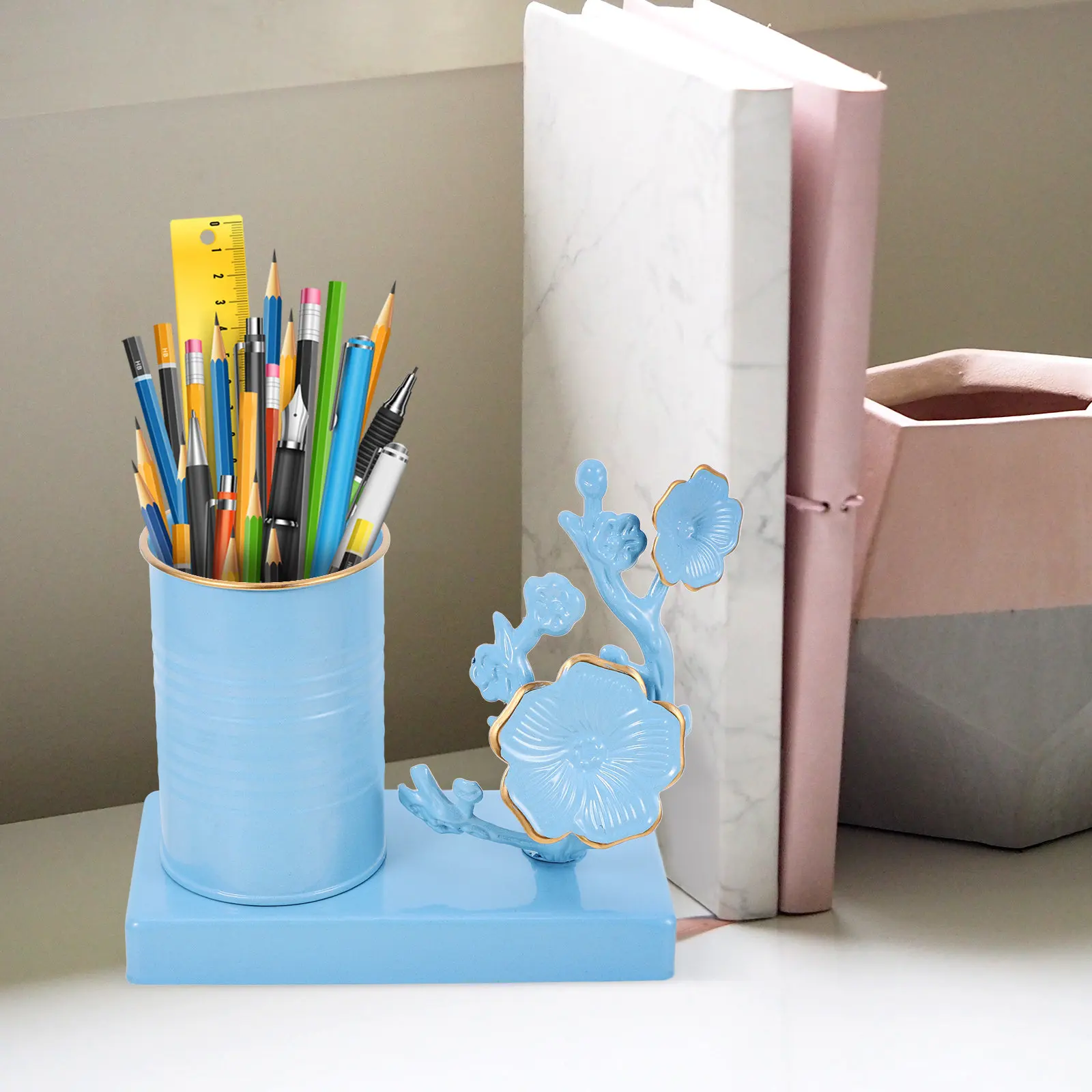 Iron Plum Blossom Desk Organizer 15x15x7.5cm Pen Holder Makeup Brush Stand Pencil Cup Holder Vintage Flower Decor Desktop
