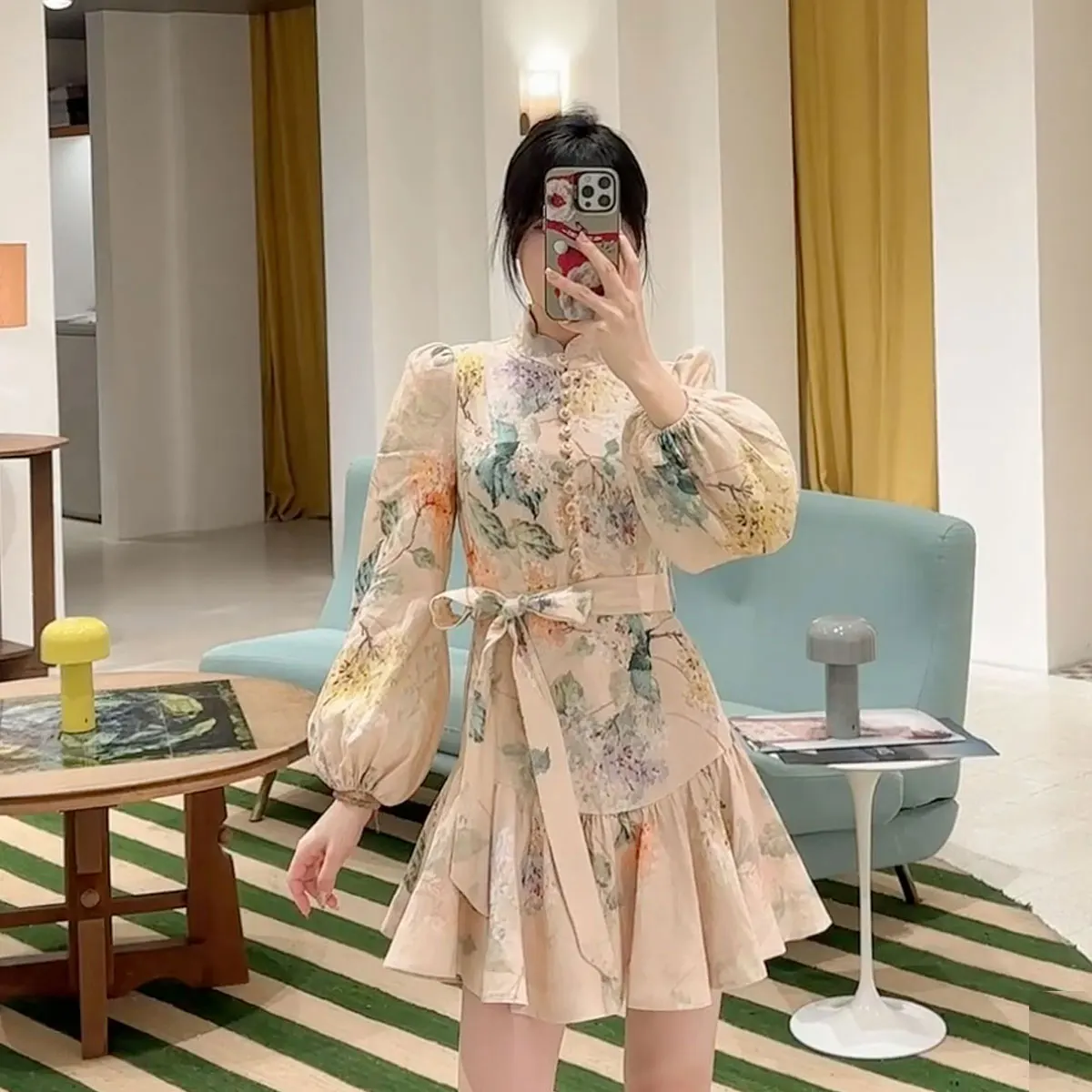 Pink Peach Print Slim Fit Lantern Sve Heavy Work Design Sense Metal Bule Lace Dr Sa ket High Waist Midi Dr