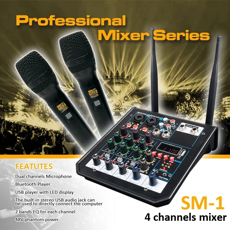 

4 Channel USB Audio Mixer with Wireless Microphone Studio Sound Mixers with Bluetooth REC DJ Console Mixing for Karaoke