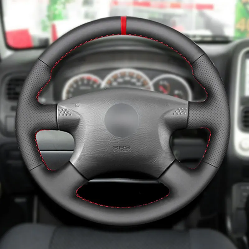 Car Steering Wheel Cover Leather Trim For Nissan Almera N16 X-Trail T30 Primera (P12) 2001-2007 Terrano 2 Pathfinder w/ red bar