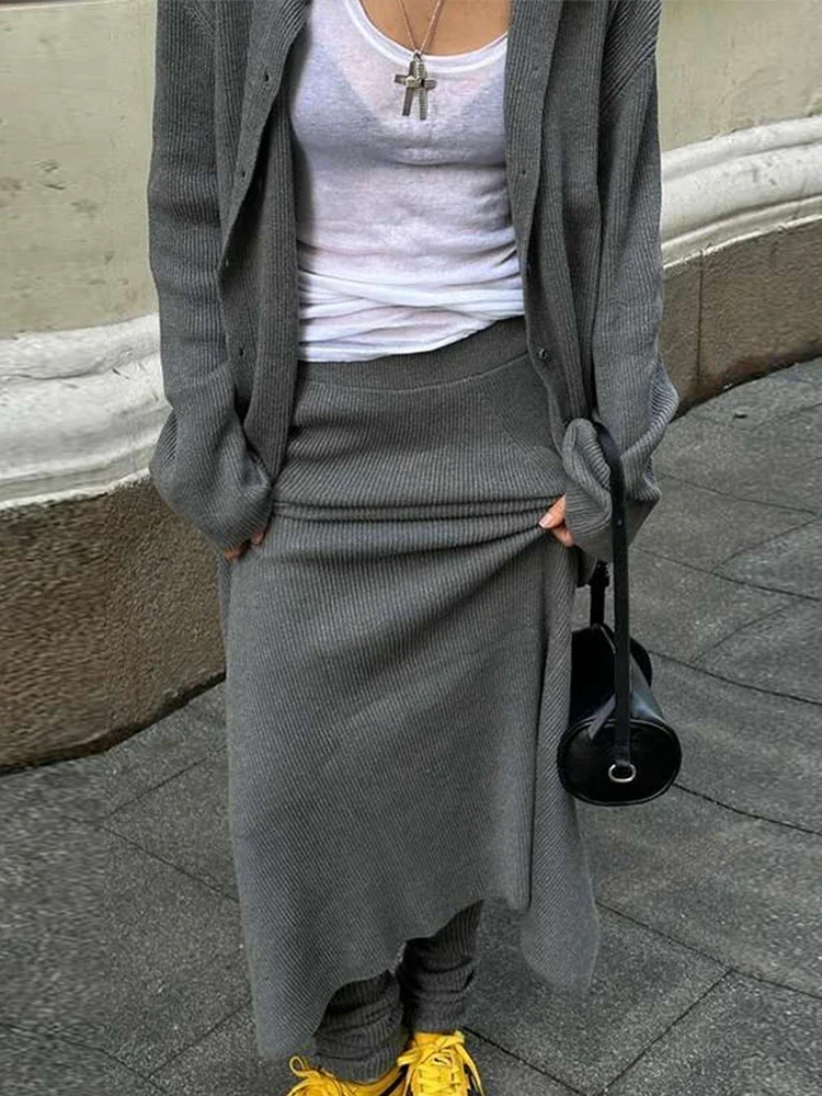 

Casual Knitted Sets for Women Solid Color Vintage Skirts Coat Sets Long Sleeved Sweater Slit Long Skirt Pants Autumn Sweater Set