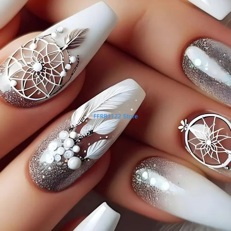 

Y1UF Press On 24pcs Feathers Designs False Full Cover Coffin Spring Summer on for Women Manicure