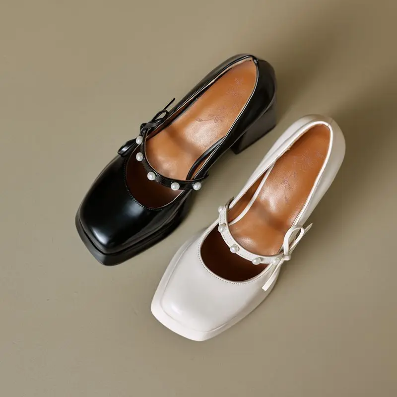 REAVE CAT White Female Pumps Square Toe 9cm Block Heel Slip On String Beads Bowknot Big Size 43 44 45 46 Sexy Dating Women Shoes view 4
