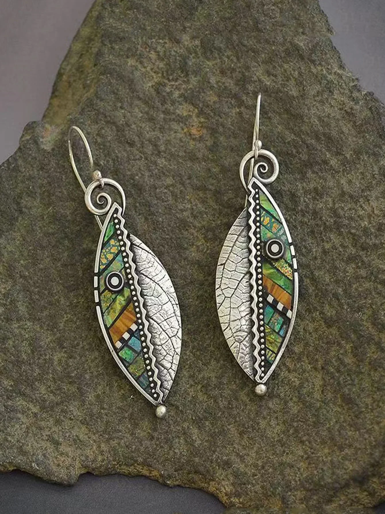 Bohemian Green Leaf Earrings for Women Ethnic Abstract Vintage Silver Color Drop Dangle Earring image 5