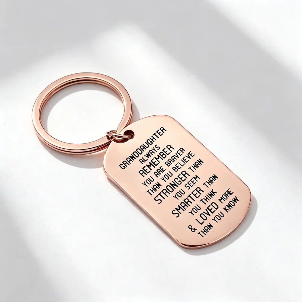 Stainless Steel Custom Granddaughter Keychain 4 Colors Gold Rose Black Steel Engraved Brave Strong Inspirational Text Pendant Ta