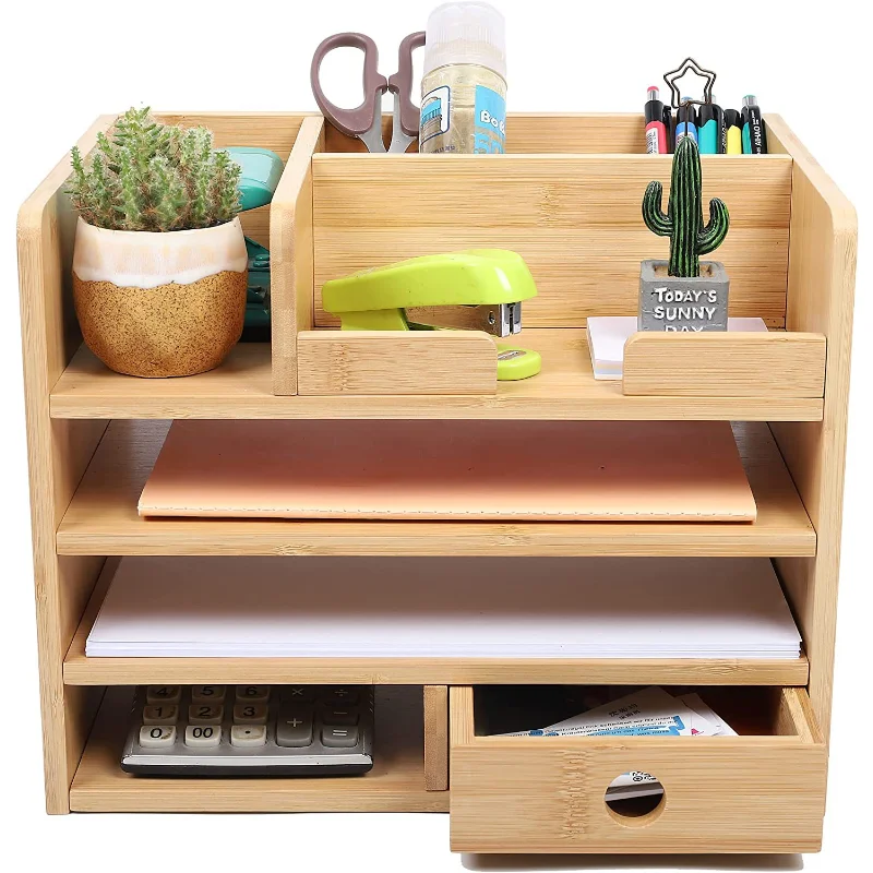 Desktop folder, bamboo storage box, multi-layer drawers, file room, miscellaneous items, wooden storage, desk, stationery