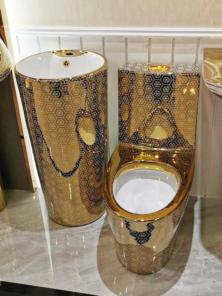 Golden toilet color gold integrated column basin wash basin European gold plated toilet Chaozhou factory custom toilet