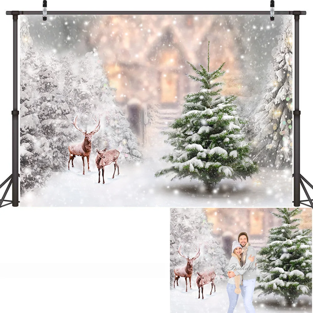 ฤดูหนาวแช่แข็ง House พื้นหลังฉากหิมะคริสต์มาสต้นไม้เด็กวันเกิด3d Glitter Xmas Room Portrait สำหรับ Studio Decor