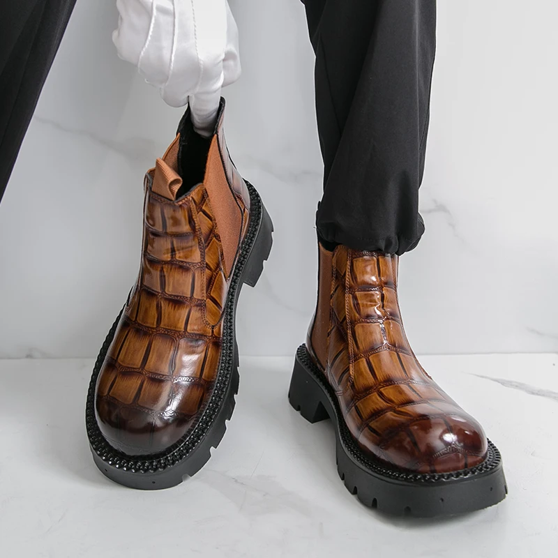 

Chelsea Boots Men PU Embossed Thick Sole Casual Fashionable High Top Men Boots