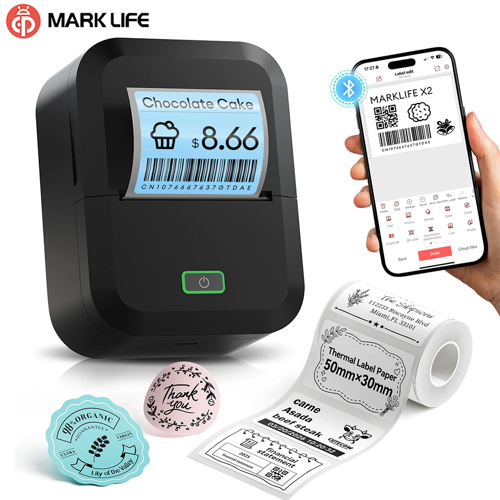 Marklife X2 Mini Portable Label Printer Handheld Pocket Printer Thermal Self-Adhesive Sticker Labeling Machine With Tape Noink