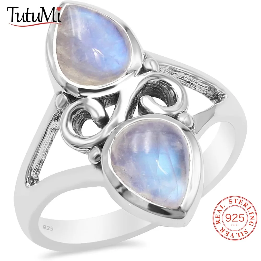 

Винтажное кольцо из стерлингового серебра 925 пробы с натуральным лунным камнем и двумя камнями в форме капли воды, кольцо ручной работы, подарки для вечеринок, ювелирные изделия для женщин
