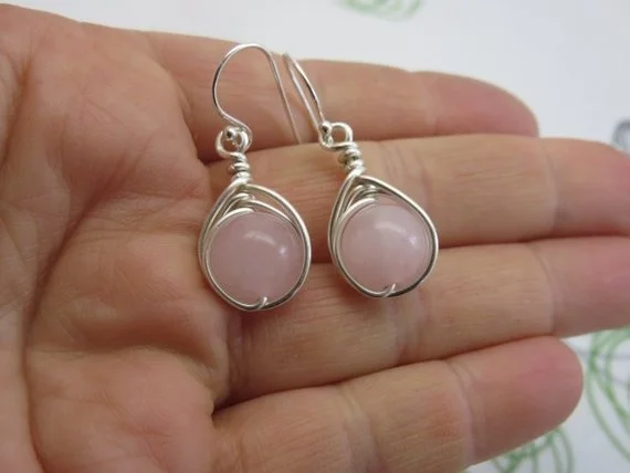 Rose quartz earrings sterling silver wire wrapped pink gemstone Valentine\'s Day Wedding Anniversary Gift