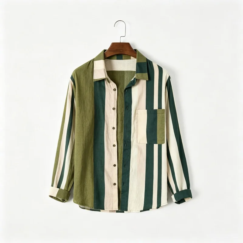 Men's Retro Vertical Striped Long Sleeved Shirt, Loose Casual Flip over Shirt, Spring and Autumn Daily Versatile Top