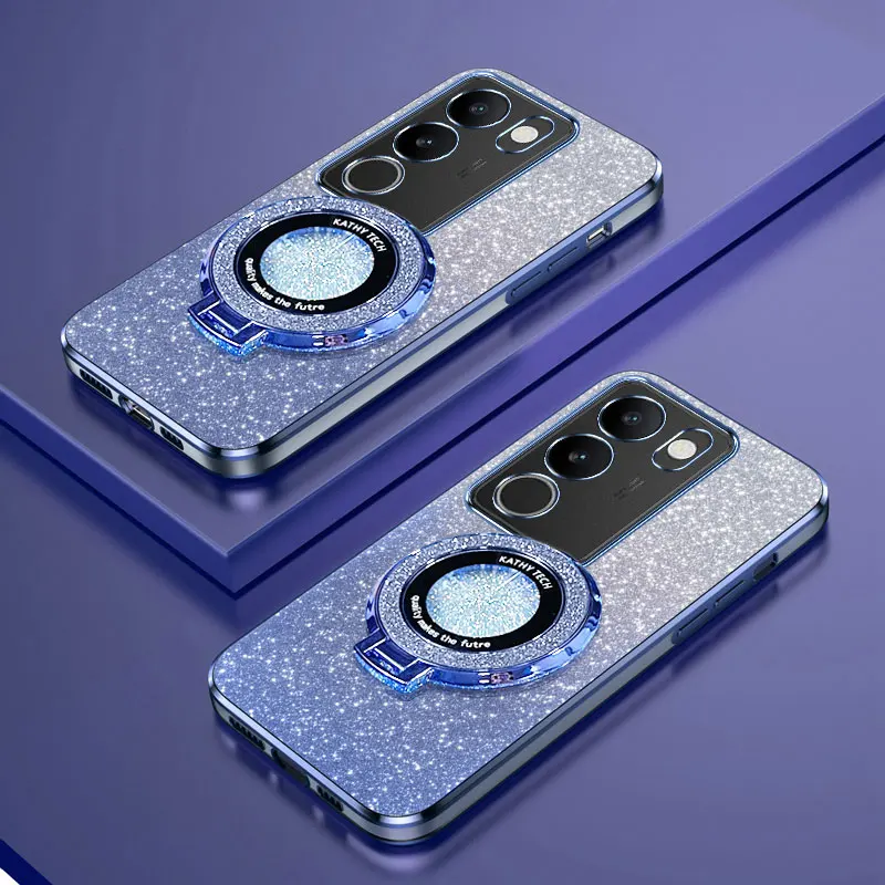 V30 Lite Magnetic Holder Stand Case For Vivo V30 Lite V29 V27 Pro V29E Y78 V21 Luxury Bling Glitter silicone Case Cover On V29