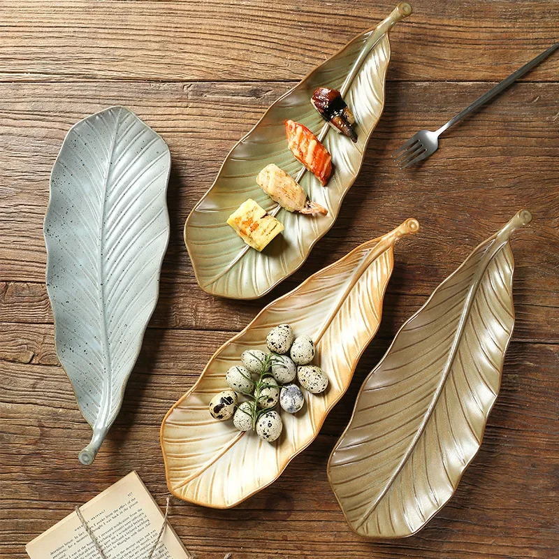 Japanese leaf coarse pottery plate delicate barbecue plate retro special-shaped ceramic strip plate commercial sushi dish