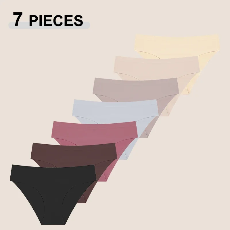 7Pcs/Set Women's Sexy Low Waist Hemming Traceless Panties Solid Color Soft Skin-friendly Underpants Breathable Intimate Lingerie