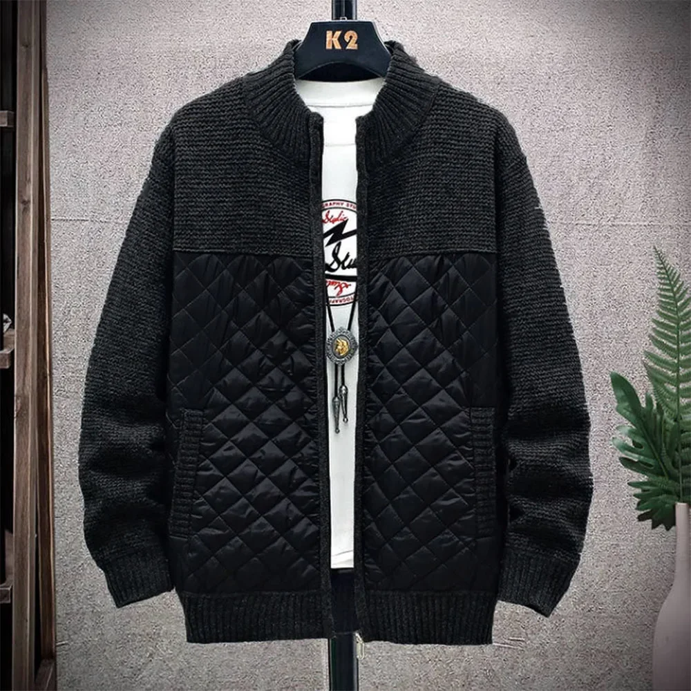 Men\'s Sweater Jacket Coat Fuzzy Lining Cardigan Warm Jacket Patchwork Thermal Sweatercoat Stand-up Collar Plus Size Clothing