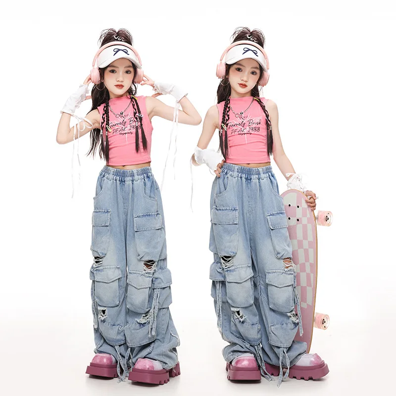 

Girls Hip Hop Pink Vest Street Dance Loose Ripped Jeans Teenagers Streetwear Kids Jazz Denim Cargo Pants Children Clothes Sets