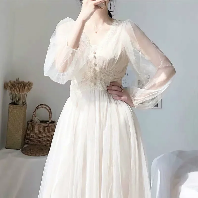 

Women Cottagecore Dress Summer Apricot Dresses Vintage Clothes Woman Button A-Line Dress Puff Sleeve Lace Voile Mesh Vestidos