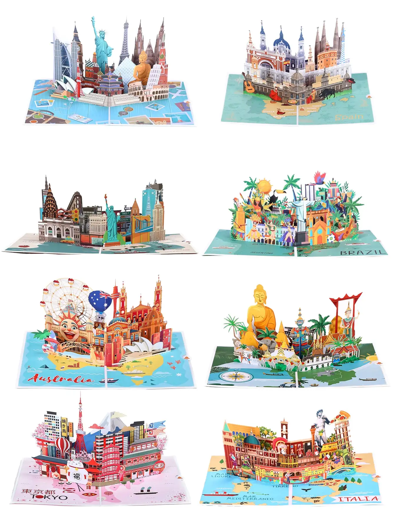 1pc City Skyline Cartão Pop-up - Nova York Japão Austrália Itália Brasil Espanha Tailândia Marcos