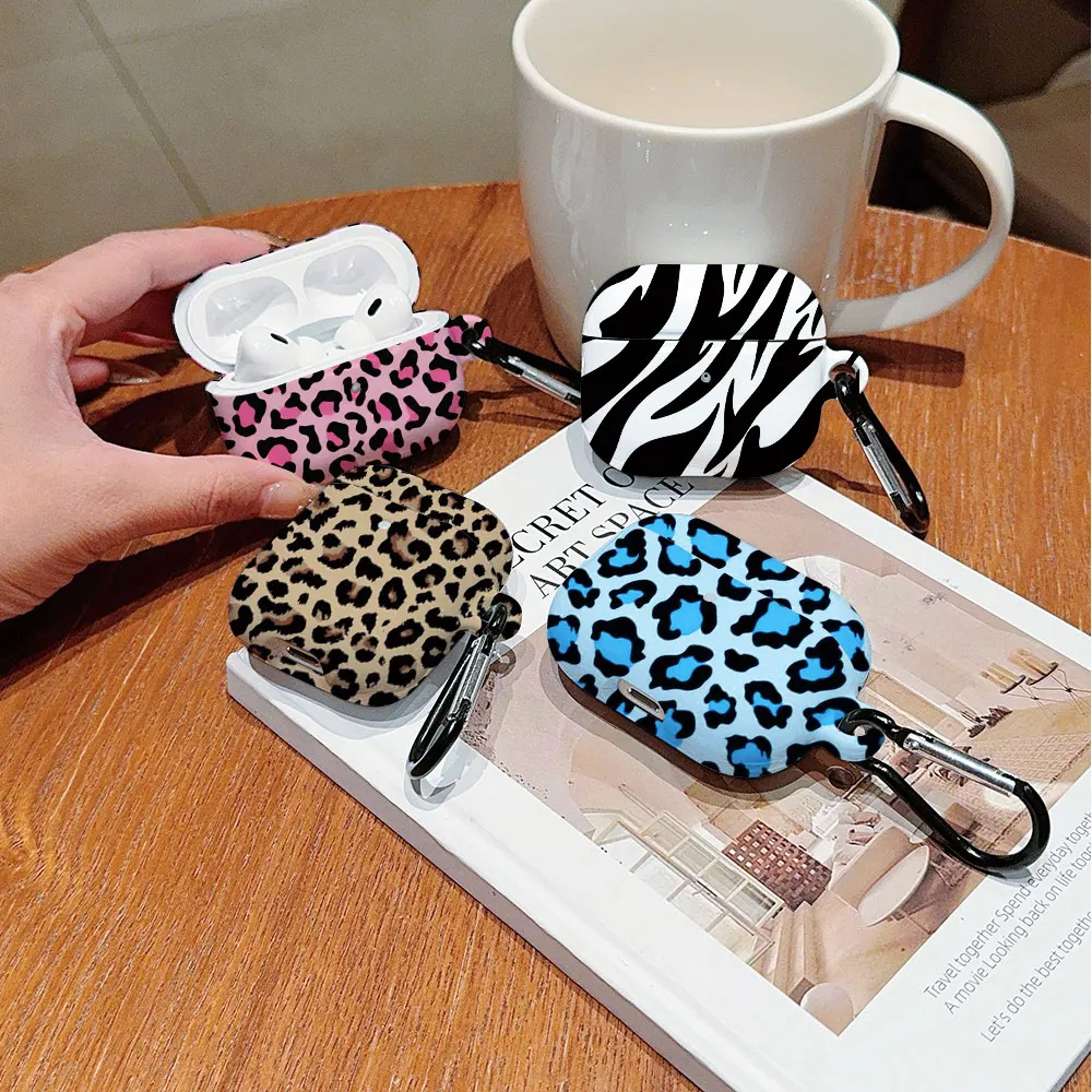 Luxury Leopard Print Shockproof Protective Glossy HD Hard PC Earphone Cover Case For AirPods 1 2 3 4 Pro Pro2 with Metal Hook