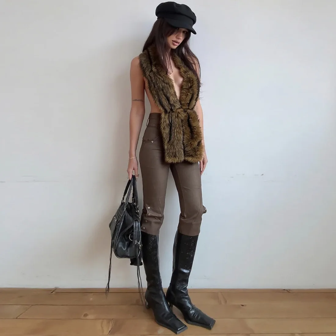 Women Fall Winter Fluffy Lace Up Jackets Vests Lace Up Backless Casual Tank Tops Deep V Neck Sleeveless Slim Furry Vest Clubwear