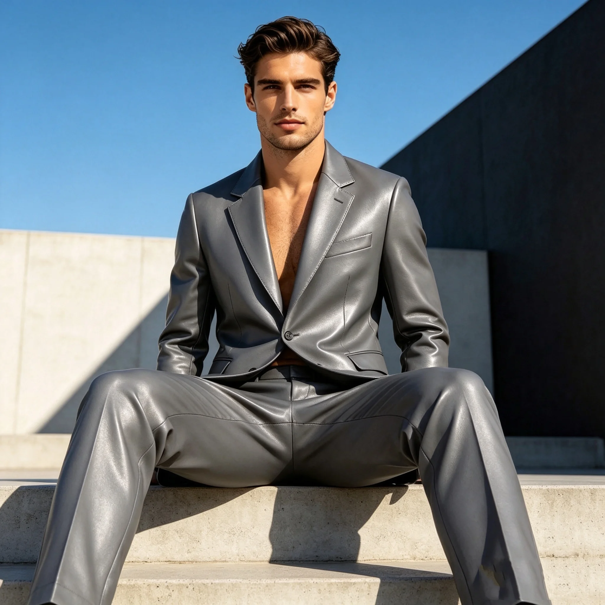 

Grey PU Leather Men Suit Set 2 Piece Blazer+Pants Prom Wedding Tuxedos Coat Customized Formal Office Fashion Groom Jacket