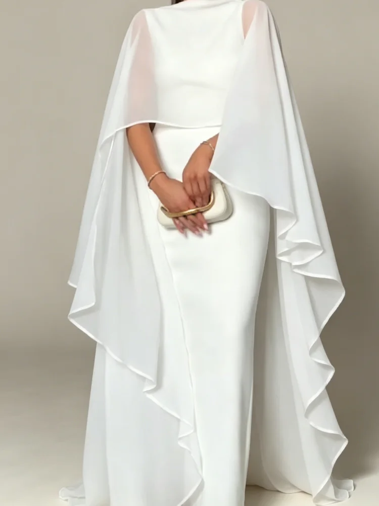 Sheer Cape Round Neck Maxi Dress For Woman Open Back Solid Plain Design Skirt Elegant Wedding Formal Evening Female Long Robes