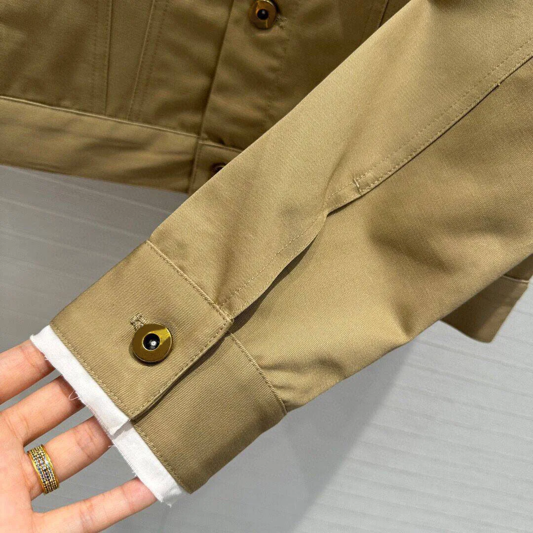 Jaket kasual Khaki wanita, mantel pendek kerah lipat lengan panjang warna Khaki berkancing Vintage musim gugur 2024