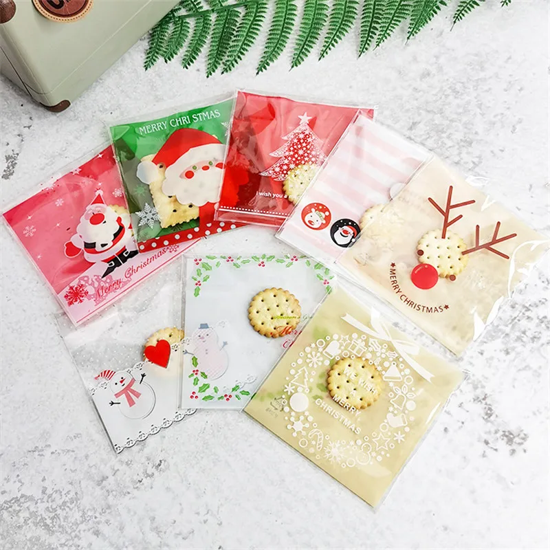 

100Pcs 10x10cm Christmas Series Cookie Biscuit Candy Snack Plastic Self-adhesive Packing Xmas Party Gift Bags