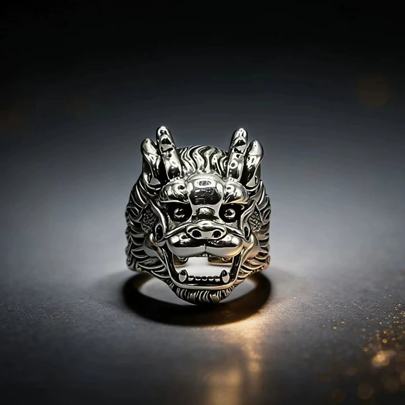 Personality Thai Silver Qilin Men's Ring Retro Trendy Majestic Dragon Head Index Finger Ring Boy Friend Gift KOFSAC