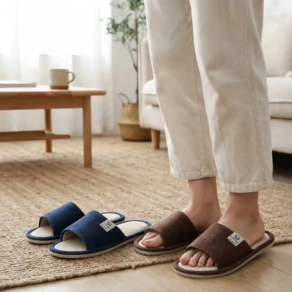 Simple Linen Slippers Breathable Men's Indoor Slippers Open-Toe Non-Slip House Shoes Bedroom Silent Slippers For All Seasons