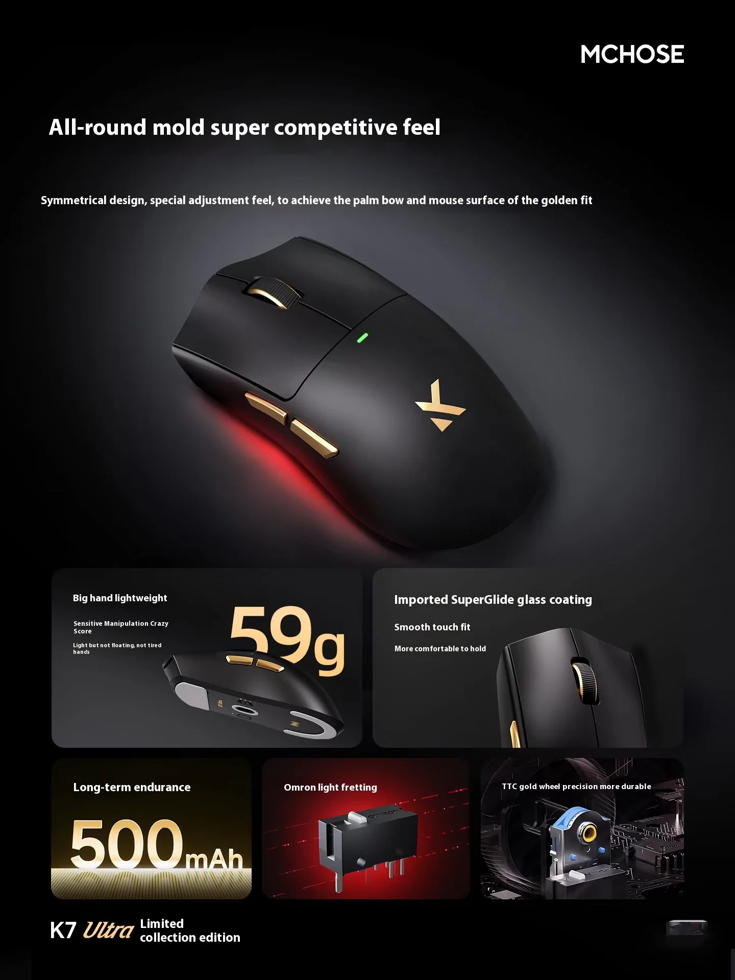 Nuevo MCHOSE K7 Ultra ratón inalámbrico Dual-8K PAW3950 triodo 2,4G Gamer 42000DPI 750IPS 59g ligero e-sports FPS ratón para juegos